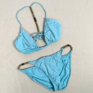 Vix Paula Hermanny Ella Triangle Bikini Set Beaded Aqua Resortwear Beach